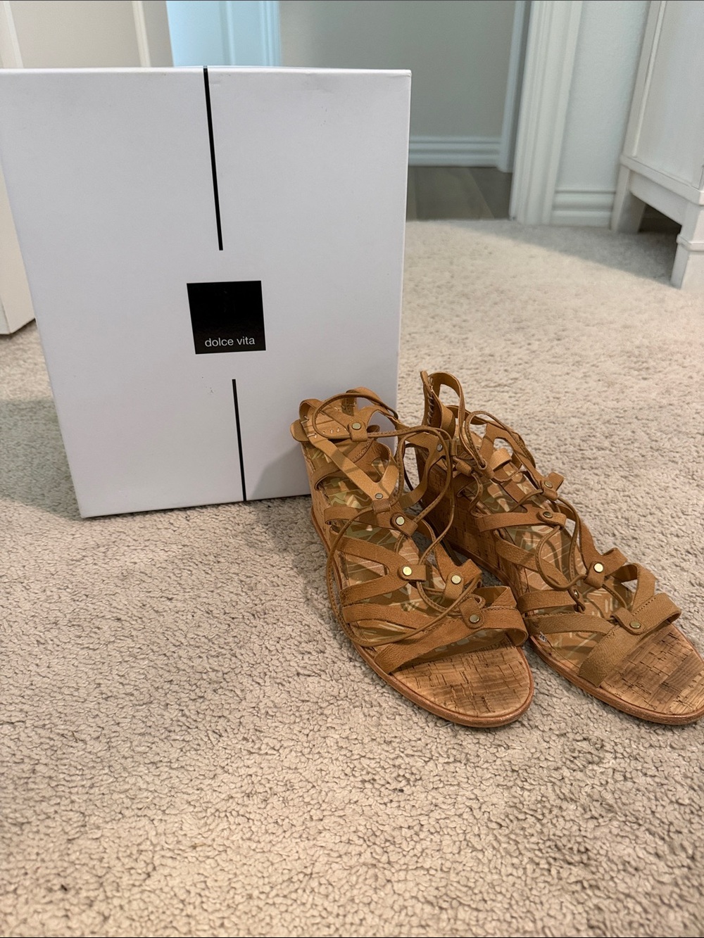 Dolce Vita Tan Strappy Leather Gladiator Wedge Sandals